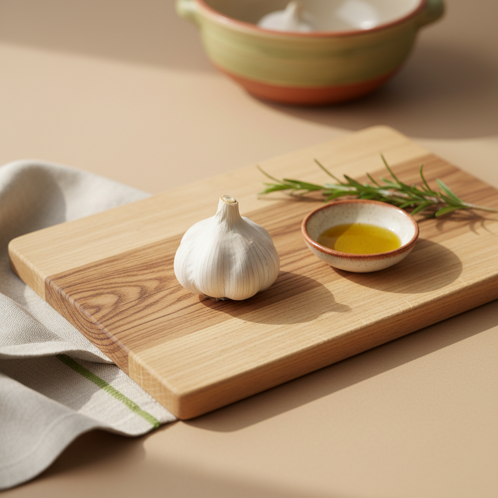 Nahaufnahme eines halbierten Solo-Knoblauchs auf Holzbrett mit Olivenöl, Rosmarin und warmer Keramikschale vor beigem Hintergrund – Knoblauch ohne Zehen Ursachen