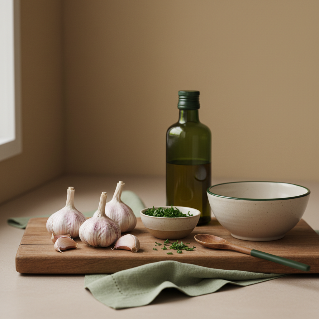 Nahaufnahme einer heimeligen Küchenkomposition mit Knoblauchknollen, gehackten Kräutern, Olivenölflasche und Holzbrett vor dezentem beigen Hintergrund – Thema Knoblauchvergiftung.