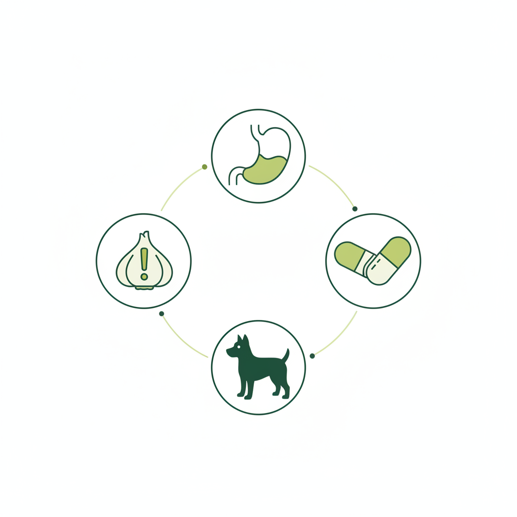 Minimalistische 2D-Vektor-Infografik zur Knoblauchvergiftung bei Hunden mit Icons: Knoblauch, Magen, Tabletten, Hundesilhouette und Warnsymbol in Markenfarben