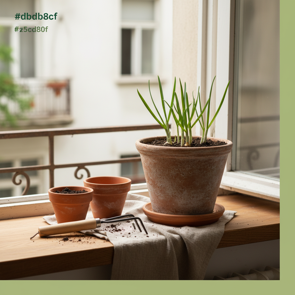 Kleiner Balkontopf mit Knoblauchtrieben in rustikalen Tontöpfen auf warmer Küchenfensterbank, minimalistisches europäisches Ambiente, Hintergrund #dbdbcf