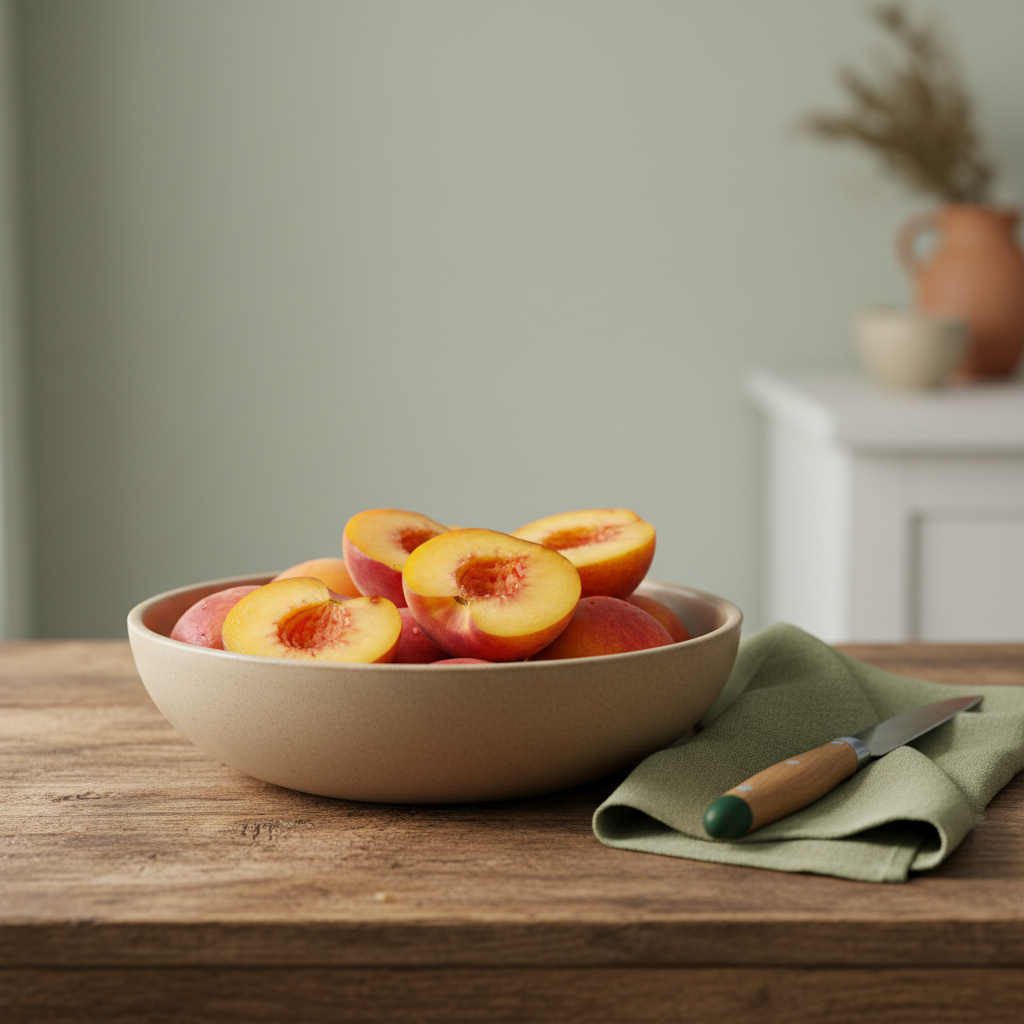 Nahaufnahme einer Schale mit halbierten Pfirsich‑Aprikosen‑Hybridfrüchten auf rustikalem Holztisch vor hellem #dbdbcf Hintergrund, warme natürliche Beleuchtung.