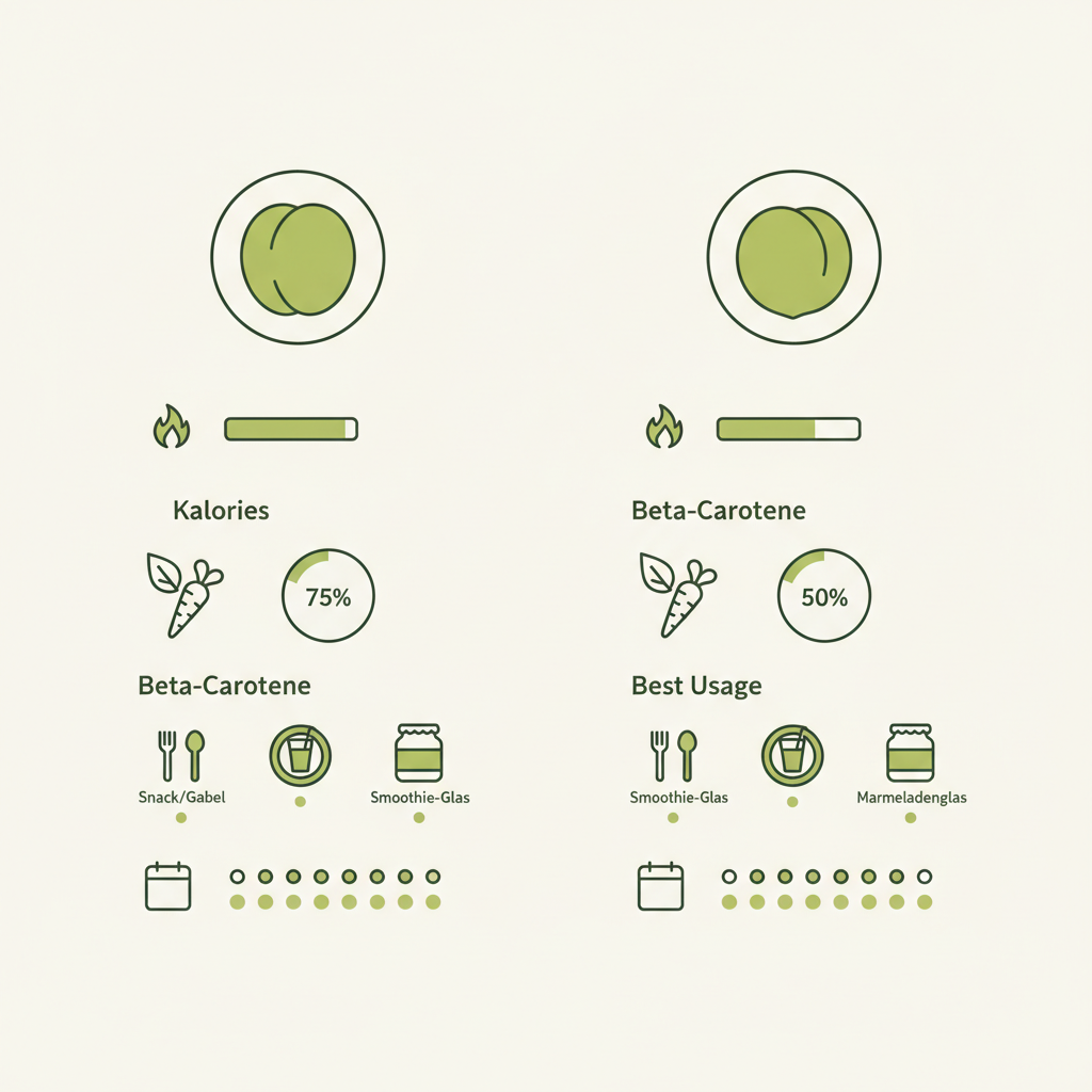 Minimalistische Vektor-Infografik: Vergleich Aprikose und Pfirsich mit Icons zu Kalorien, Beta‑Carotin, besten Verwendungsarten und Saisonalität in Markenfarben.