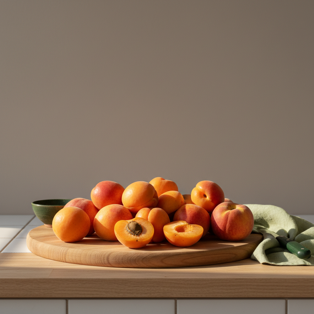 Nahaufnahme Aprikosen vs Pfirsiche auf Holzbrett in heller, heimeliger Küche; Serviette #a5cd8d, Hintergrund #dbdbcf, warme natürliche Beleuchtung, minimalistisches Setup