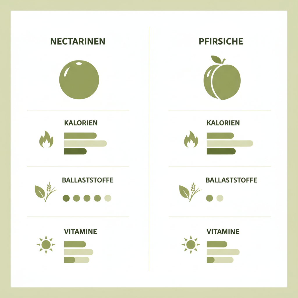 Minimalistische Vektor-Infografik im Markenstil von Schnell Lecker: Icons für Kalorien, Ballaststoffe und Vitamine im Vergleich von Nektarinen und Pfirsichen, ohne Text.