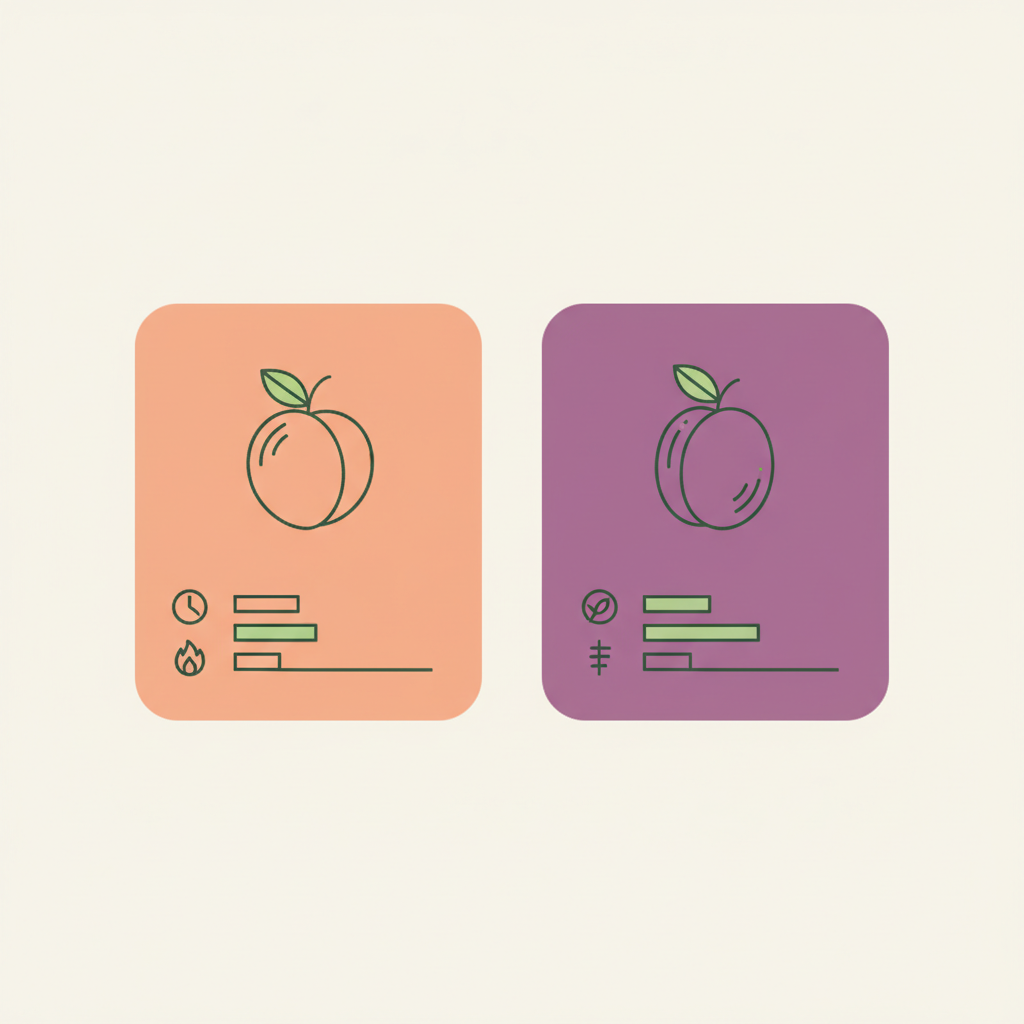 Pfirsich vs Pflaume Nährwerte: minimalistische 2D-Vektor-Infografik mit zwei Karten, Icons für Kalorien und Ballaststoffe und kleinen Balkendiagrammen in Markenfarben.