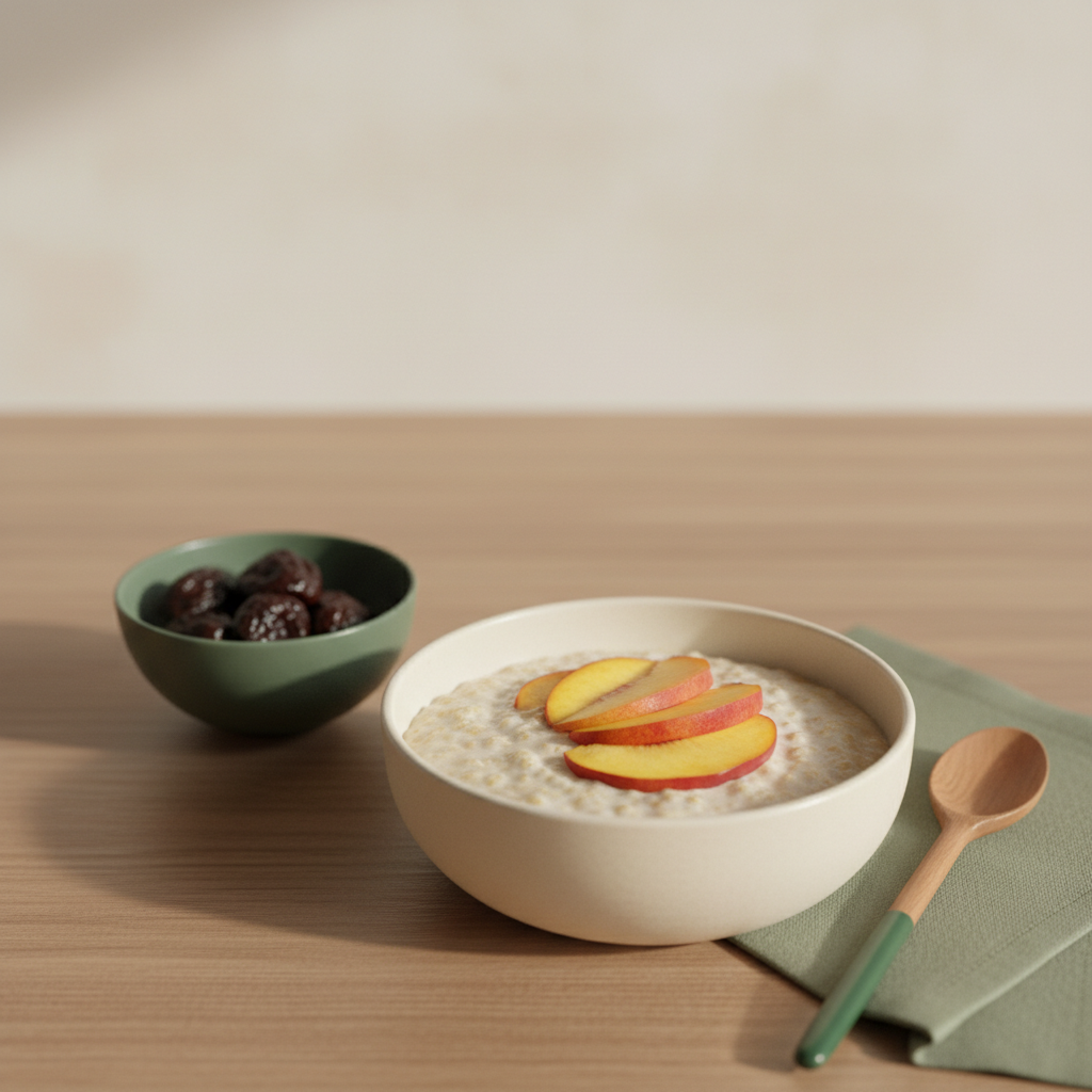Frühstück mit Pfirsichscheiben auf Porridge und kleiner Schüssel getrockneter Pflaumen in minimalistischer Küche – Pfirsich vs Pflaume Nährwerte