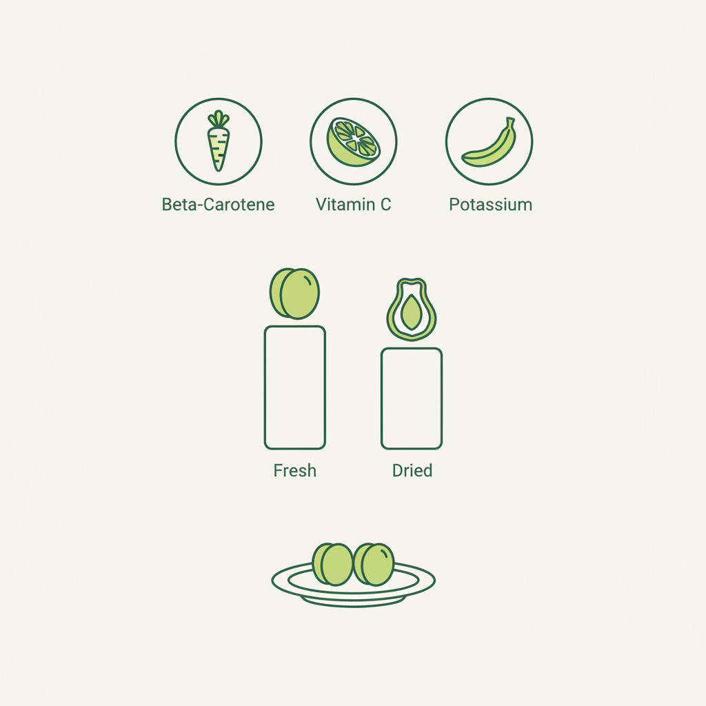 Flache 2D-Infografik zur Wirkung von Aprikosen mit drei Nährstoff-Icons (Beta‑Carotin, Vitamin C, Kalium), Frisch-vs-Getrocknet-Balken und Portionsempfehlung in Markenfarben.