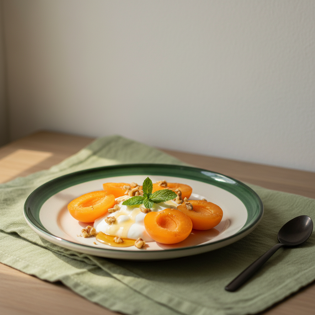 Nahaufnahme eines minimalistischen Tellers mit halbierten Aprikosen, Joghurt, Honig und gerösteten Nüssen in warmer Küche – Wirkung von Aprikosen