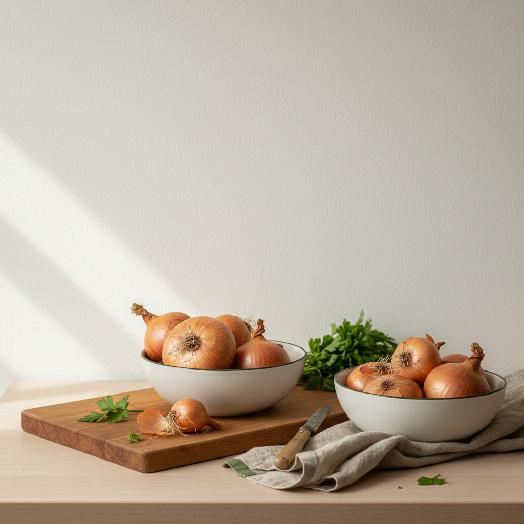 Vollbildaufnahme: frisch geerntete Zwiebeln in schlichten Keramikschüsseln auf Holzbrett vor Hintergrund #dbdbcf mit Akzent #a5cd8d – Zwiebeln das ganze Jahr pflanzen