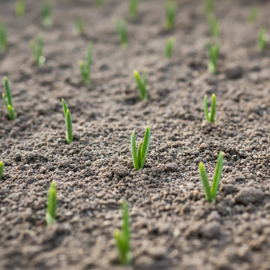 Detailaufnahme gepflegtes Gartenbeet mit jungen Steckzwiebeln im lockeren, feuchten Boden bei Morgenlicht, Fokus auf Bodenstruktur und Spitzen – Zwiebeln im Mai stecken