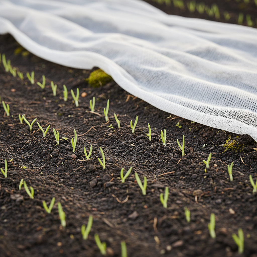 Nahaufnahme eines rustikalen Gartenbeets mit kleinen Zwiebelsetzlingen und teilweisem Schutzvlies im frühen Frühjahr – Kann man Zwiebeln im Februar stecken?