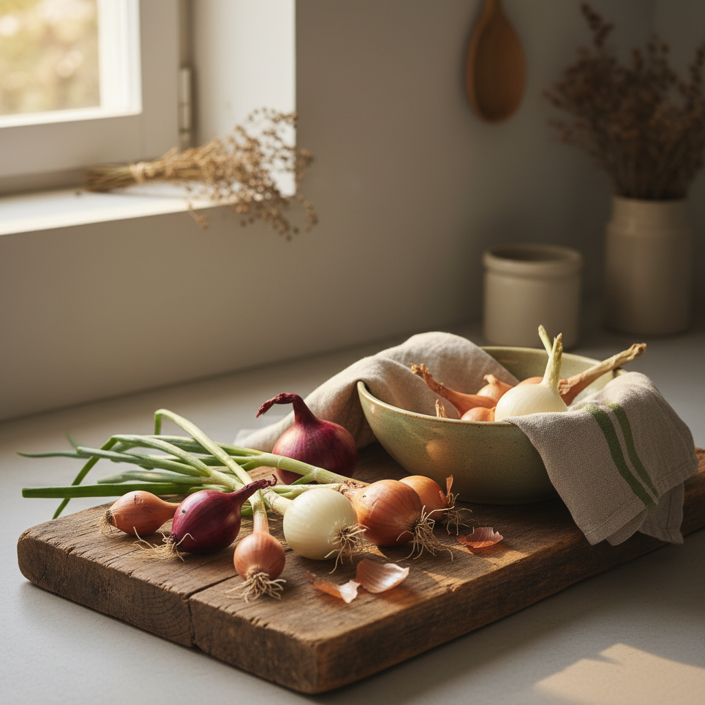 Welche Zwiebeln kann man im März pflanzen? Frisch geerntete Zwiebeln auf Holzbrett mit Keramikschale, minimalistisches Küchenarrangement, warmer Tageslicht-Hintergrund #dbdbcf.