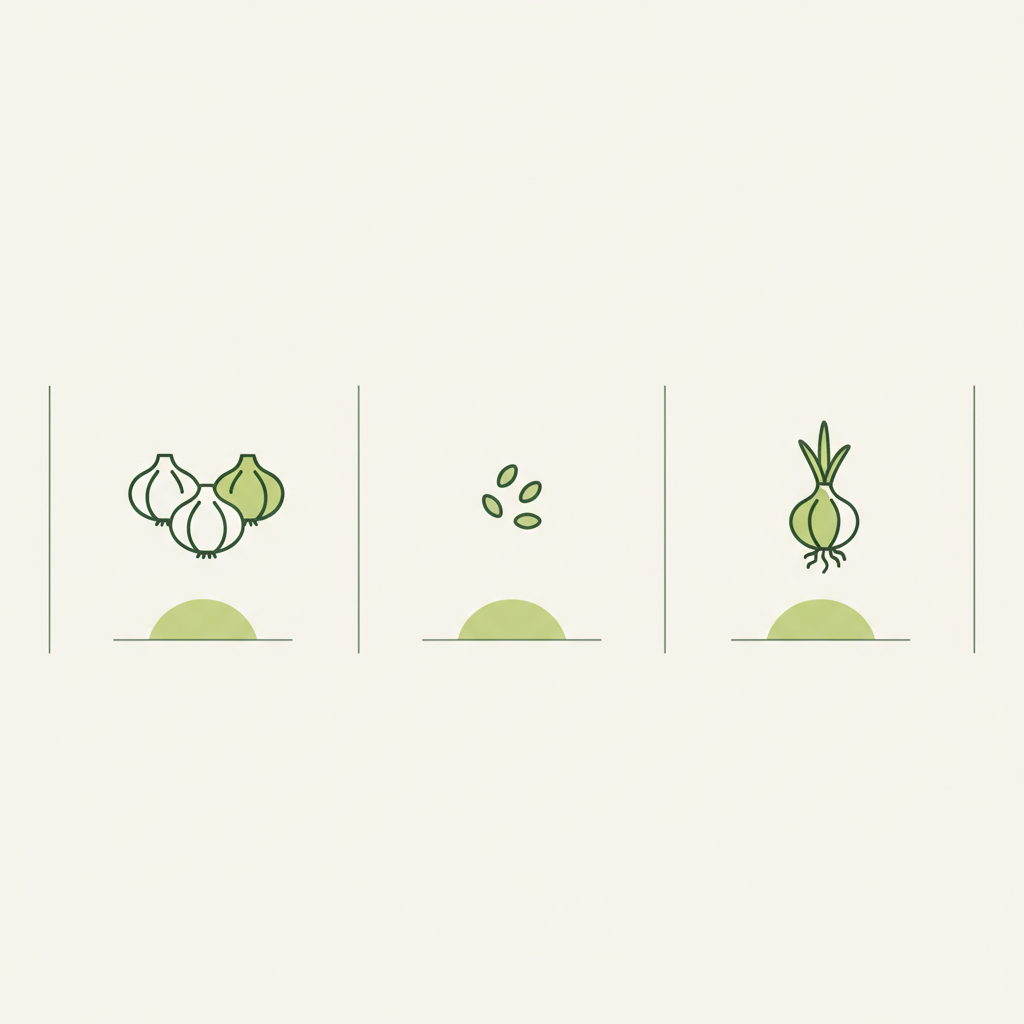 Minimalistische 2D-Infografik mit drei Vektor-Icons zur Vermehrung von Zwiebeln (Steckzwiebeln, Samen, Ableger) – Wie kann man Zwiebeln fortpflanzen?
