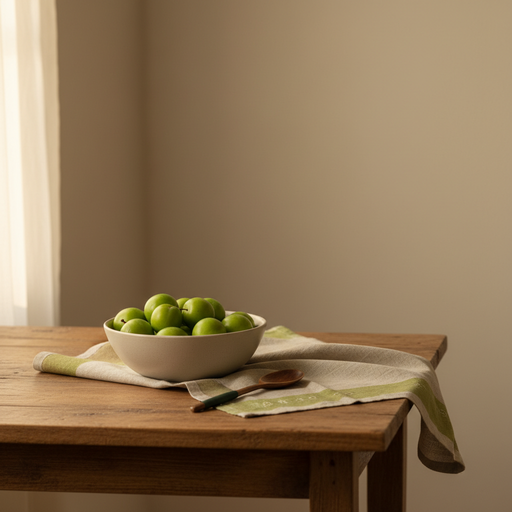 Rustikale Keramikschale mit grünen Pflaumen auf Holztisch, Leinentuch in #dbdbcf Hintergrund und #a5cd8d Akzent, warme heimische Küchenstimmung