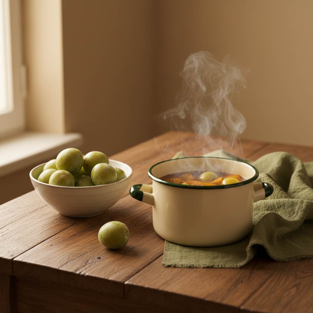 Nahaufnahme eines heimeligen Holztischs mit Schüssel voller grüne Pflaumen, köchelndem Kompott im Topf und Leinentuch vor Hintergrund in #dbdbcf mit Akzenten in #a5cd8d