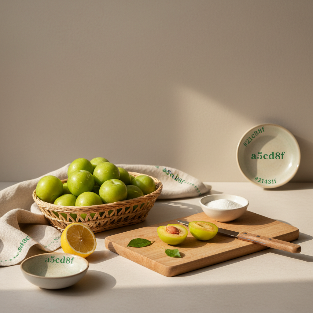 Korbdarstellung mit grünen Pflaumen, halbierten Früchten auf Holzbrett, Messer, Schale mit Zucker und Zitrone – Woher kommen grüne Pflaumen