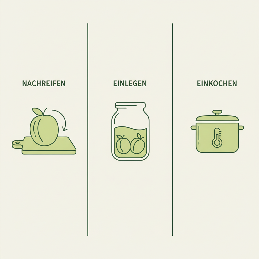 Minimalistische 2D-Vektor-Infografik zu grünen Pflaumen mit drei Icons: Nachreifen, Einlegen, Einkochen auf hellem Schnell-Lecker-Hintergrund