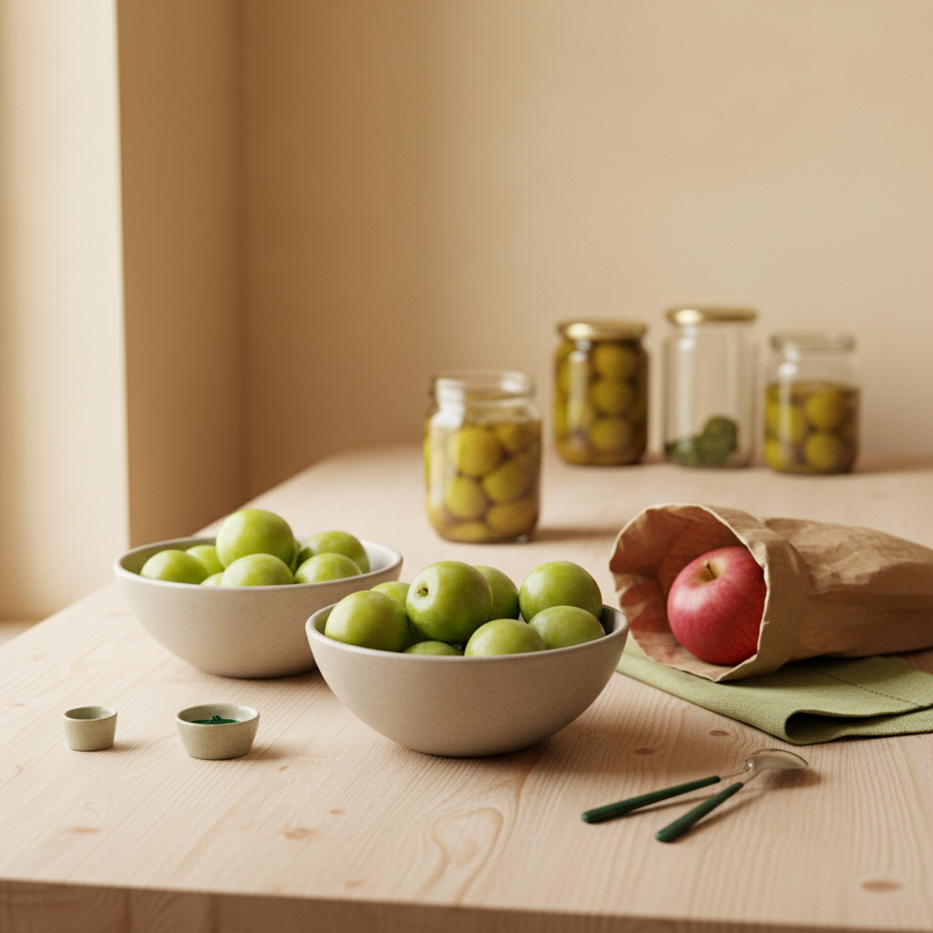 Schlichte Küchenszene mit Schalen voller grüner Pflaumen, geöffneter Papiertüte mit Apfel daneben und Einmachgläsern vor beigem Hintergrund