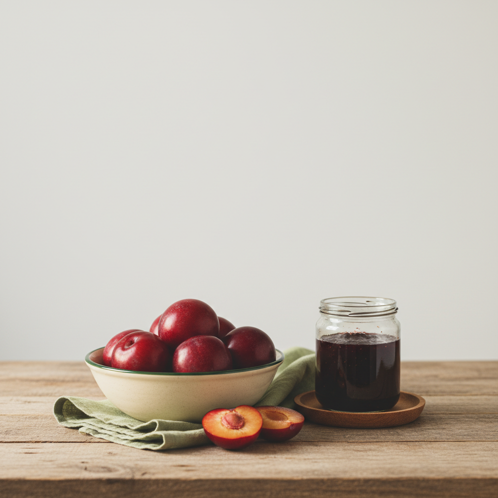Nahaufnahme: rote Pflaumen in einer Keramikschale, aufgeschnittene Früchte und ein Glas Pflaumenmarmelade vor schlichtem rustikalem Hintergrund in Markenfarben