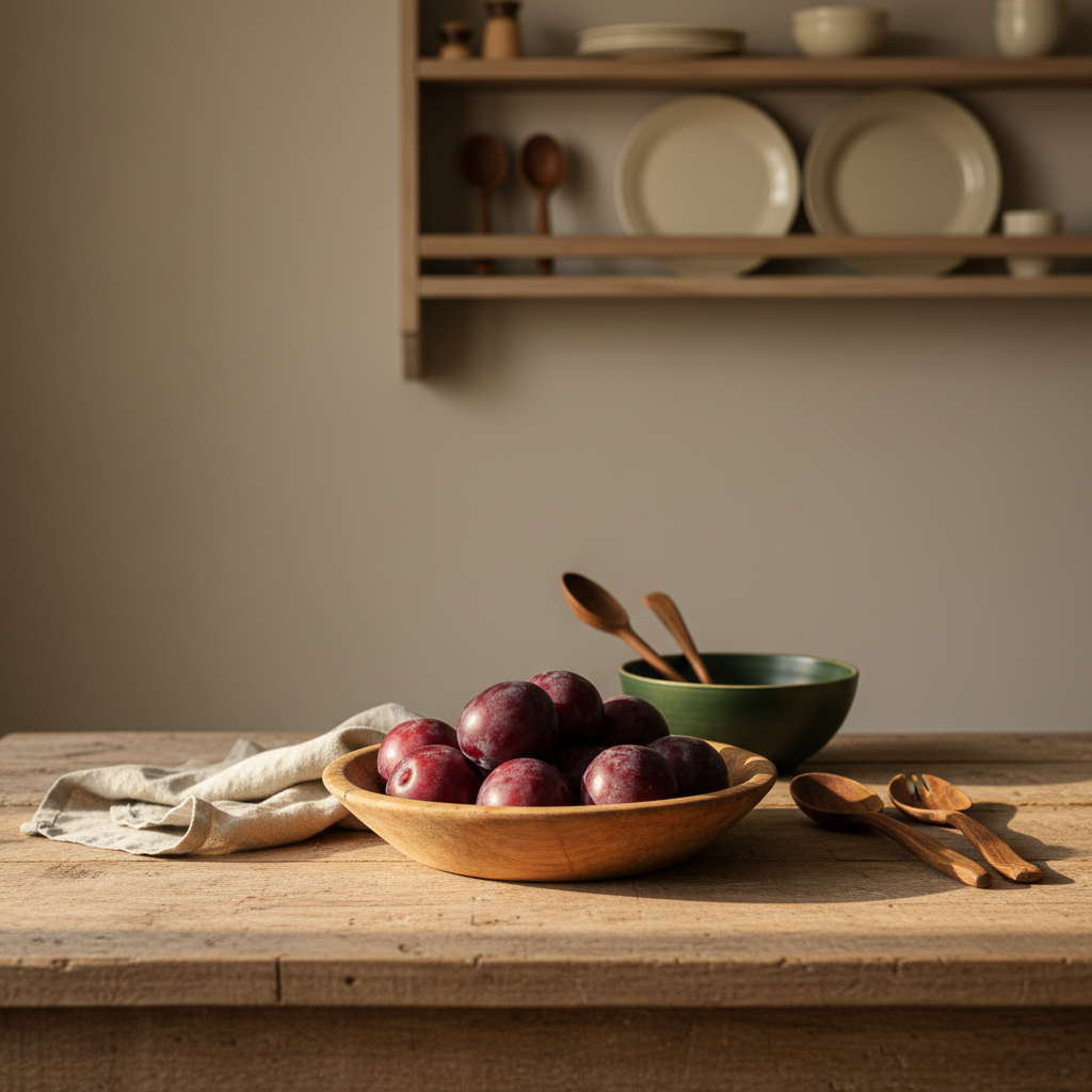 Holzschale mit roten Pflaumen auf Landhaustisch im warmen Sonnenlicht – rote Pflaumen essbar, minimalistisch, natürliche Texturen.