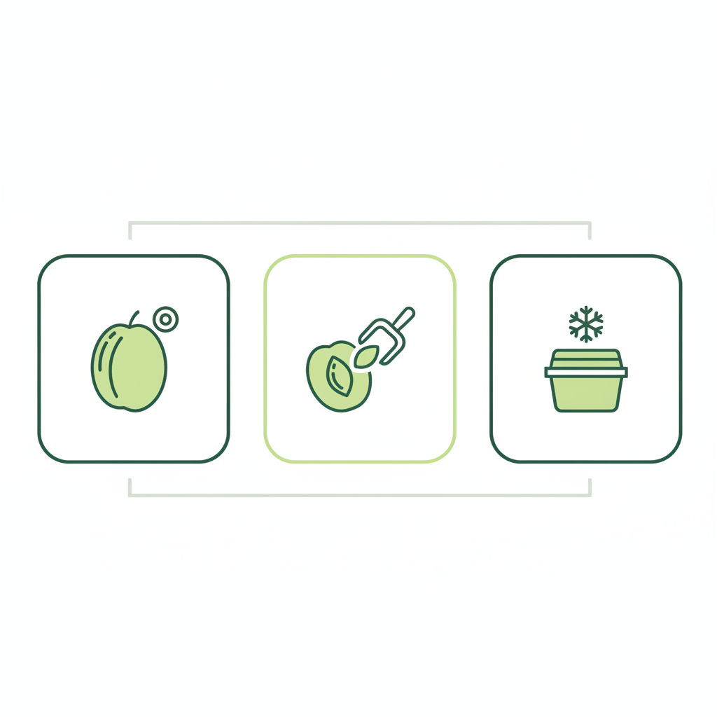 Minimalistische Vektor-Infografik mit drei Icons zu reife erkennen, Kerne entfernen und lagern/einfrieren von Pflaumen – rote Pflaumen essbar