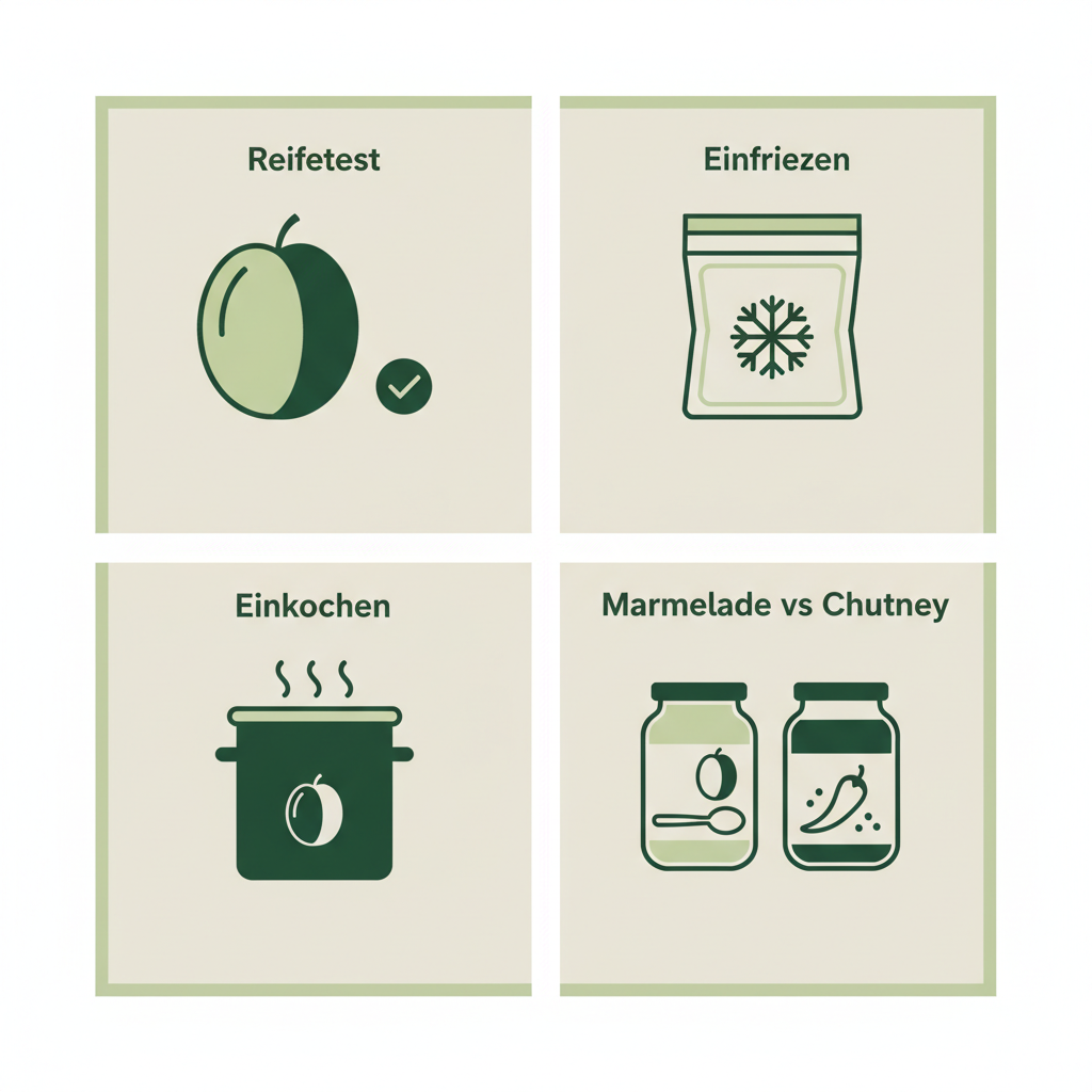 Minimalistische Vektor-Infografik zu Blutpflaumen mit Icons für Reifetest, Einfrieren, Einkochen und Marmelade vs Chutney in Markenfarben.