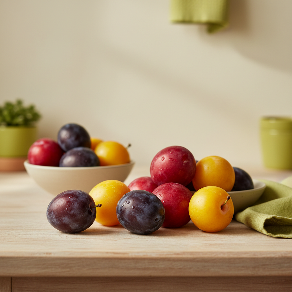 Close-up verschiedener Pflaumen (dunkelblau, rot, gelb) auf neutralem Schnell-Lecker-Hintergrund #dbdbcf in warmer heimischer Küchenszene. Welche Pflaumenfarbe ist die gesündeste