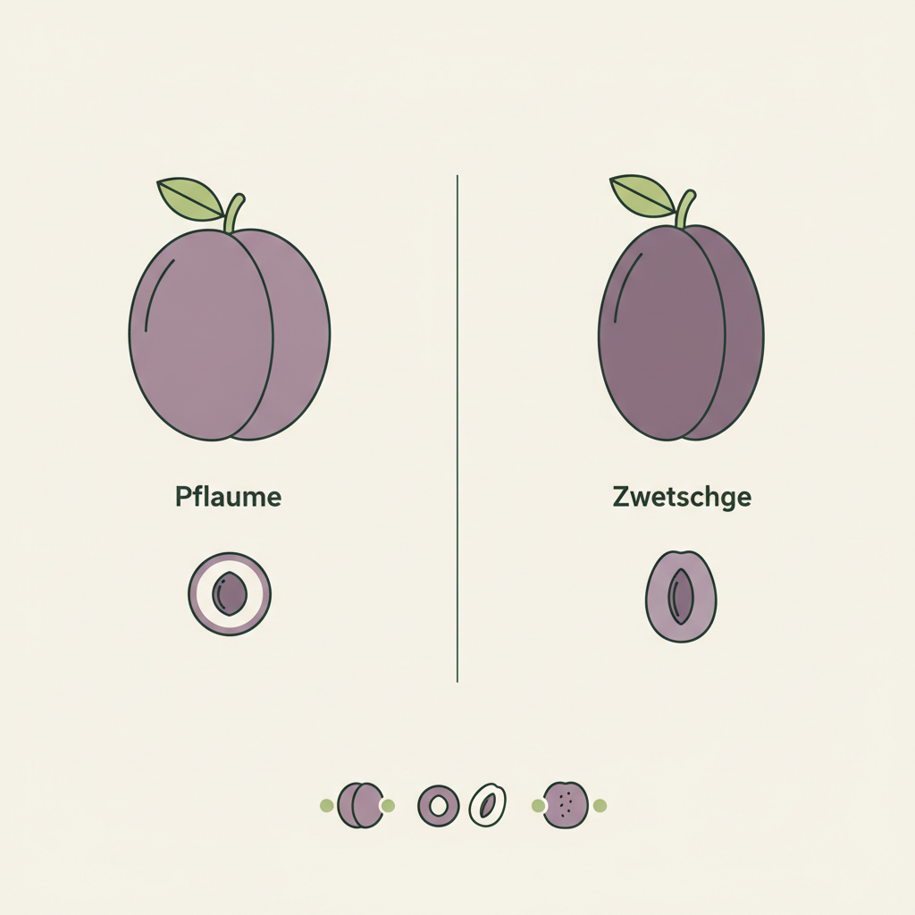 Minimalistische 2D-Vektor-Infografik zum Unterschied Pflaume Zwetschge: zwei flache Frucht-Icons mit Querschnittskernen, Blatt-Akzenten auf beigem Markenhintergrund