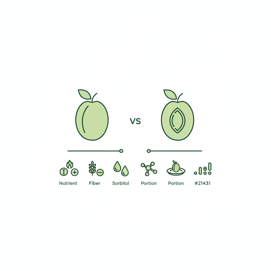 Minimalistische Vektor-Infografik mit Pflaume und Zwetschge, Nährwert-Icons, Sorbitol-Info und Portionsempfehlung – Was ist gesünder Pflaume oder Zwetschge