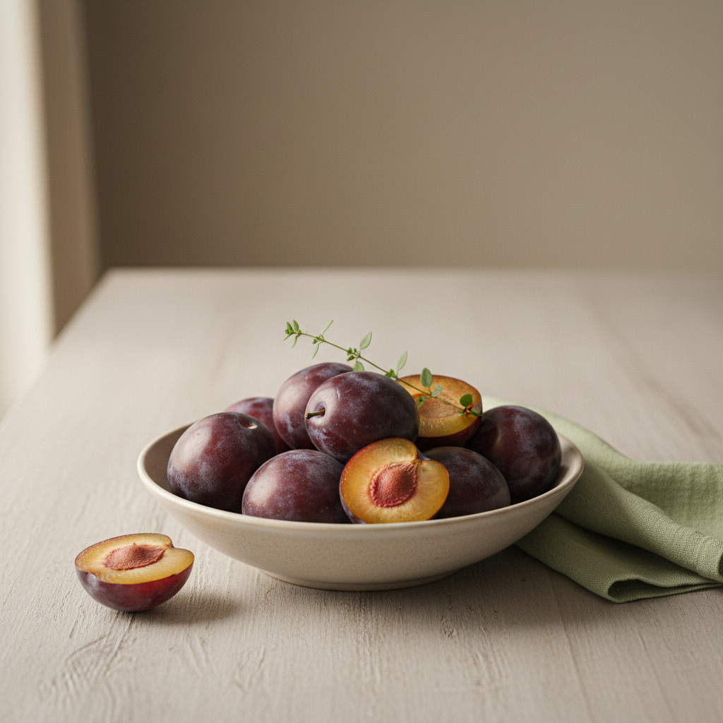 Was ist gesünder Pflaume oder Zwetschge — heimelige, realistische Küchentafel mit Pflaumen und Zwetschgen auf hellem Hintergrund #dbdbcf und dezenten Akzenten #a5cd8d