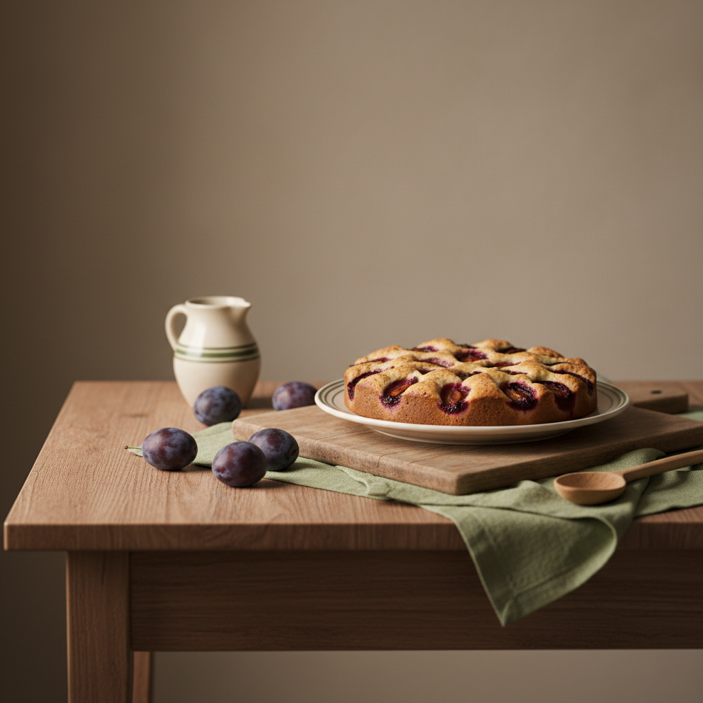 Pflaumenkuchen auf minimalistischem Küchentisch mit losen Pflaumen und Leinentuch in Markenfarben, warme heimelige europäische Stimmung, Hintergrund #dbdbcf, keine Personen