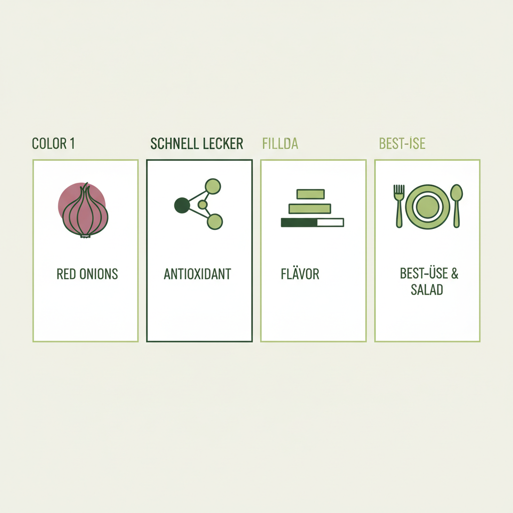 Minimalistische Infografik zu roten Zwiebeln mit Vektor-Icons: Farbton, Antioxidans-Molekül, Geschmacksskala und beste Verwendung.