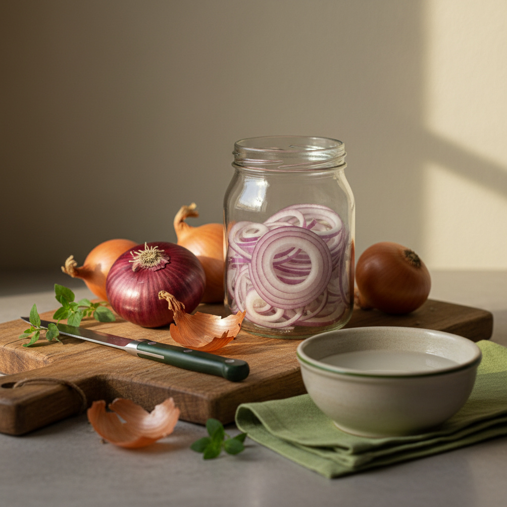 Nahaufnahme: in Scheiben geschnittene rote Zwiebeln im Glas, Holzschneidebrett mit roten und gelben Zwiebeln und kleine Schale Weißweinessig vor warmem, minimalistischen Hintergrund.