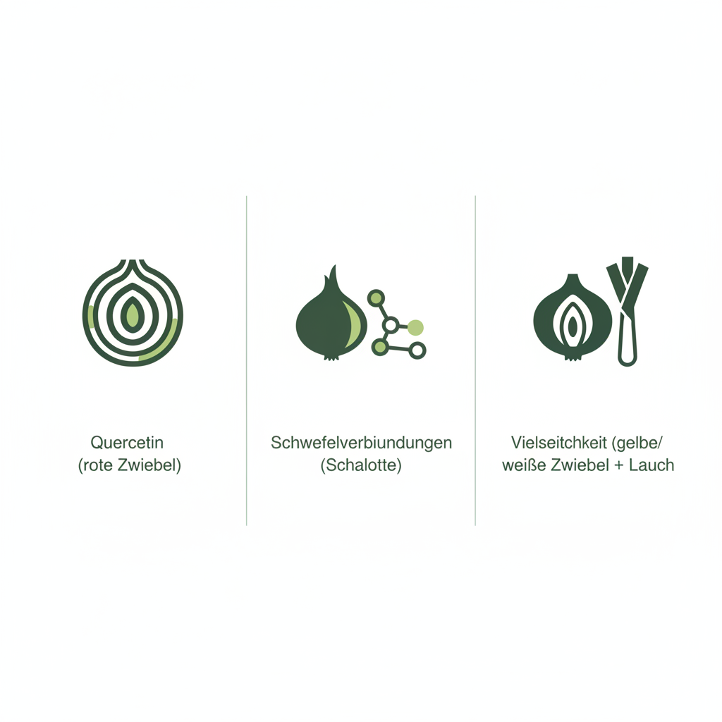 Welche Zwiebelsorte ist die gesündeste — 2D-Vektorinfografik: 3 Icons für Quercetin (rote), Schwefelverbindungen (Schalotte), Vielseitigkeit (gelb/weiß &amp; Lauch)