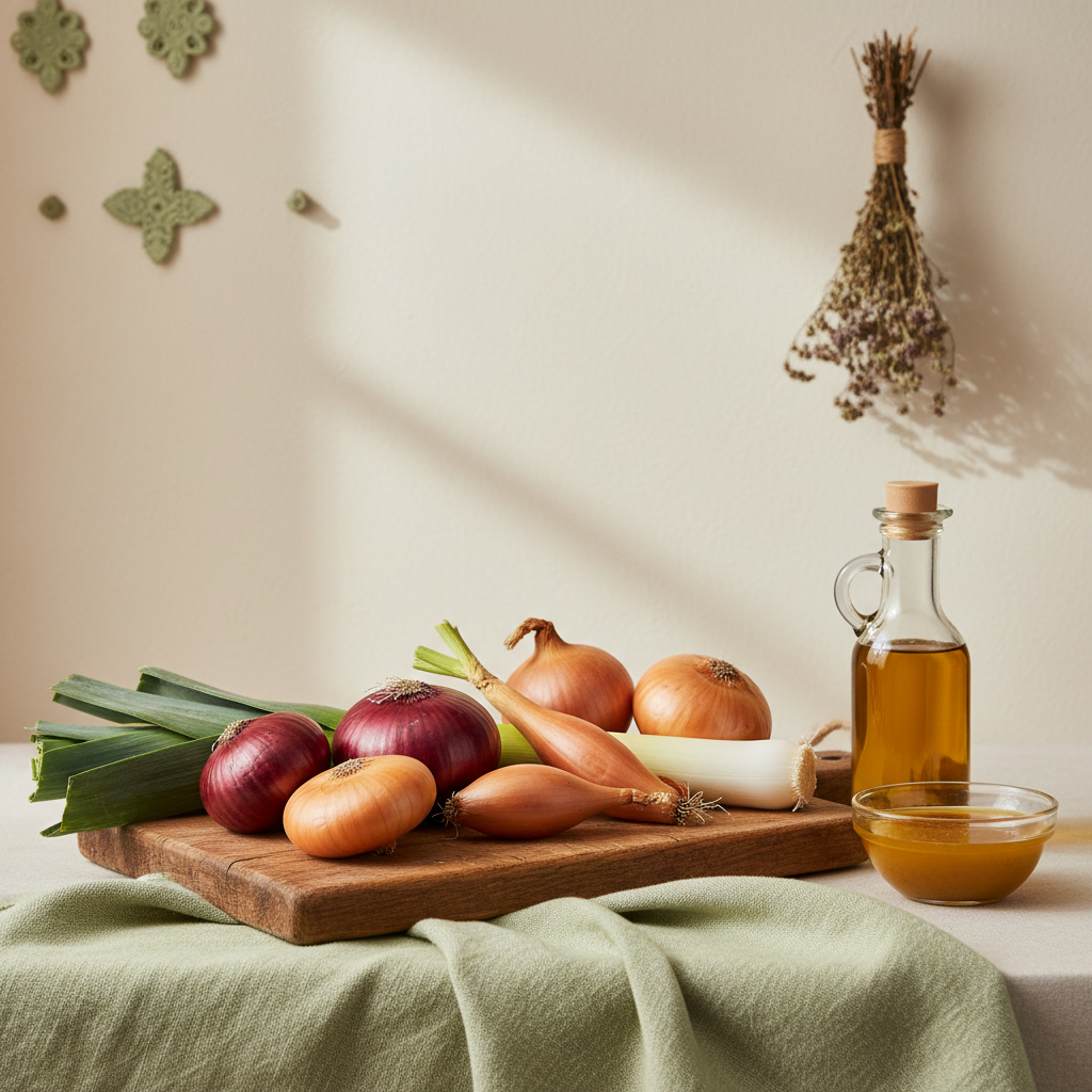 Close-up mit roten und gelben Zwiebeln, Schalotten und Lauch auf Holzbrett, Olivenölflasche und Vinaigrette im warmen Licht – Welche Zwiebelsorte ist die gesündeste