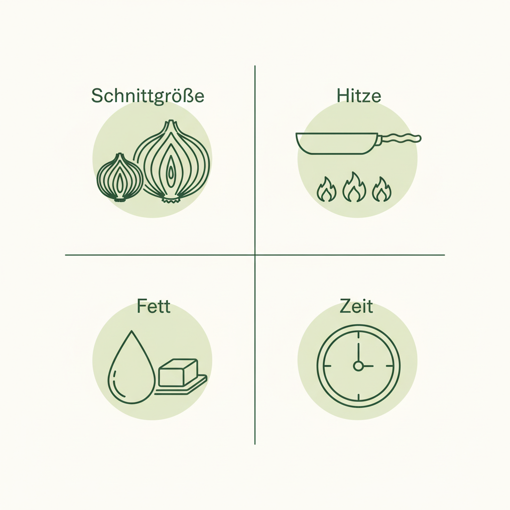 Minimalistische 2D-Vektor-Infografik zu Zwiebeln anbraten mit Icons für Schnittgröße, Hitze, Fett und Zeit in Schnell Lecker Farben.