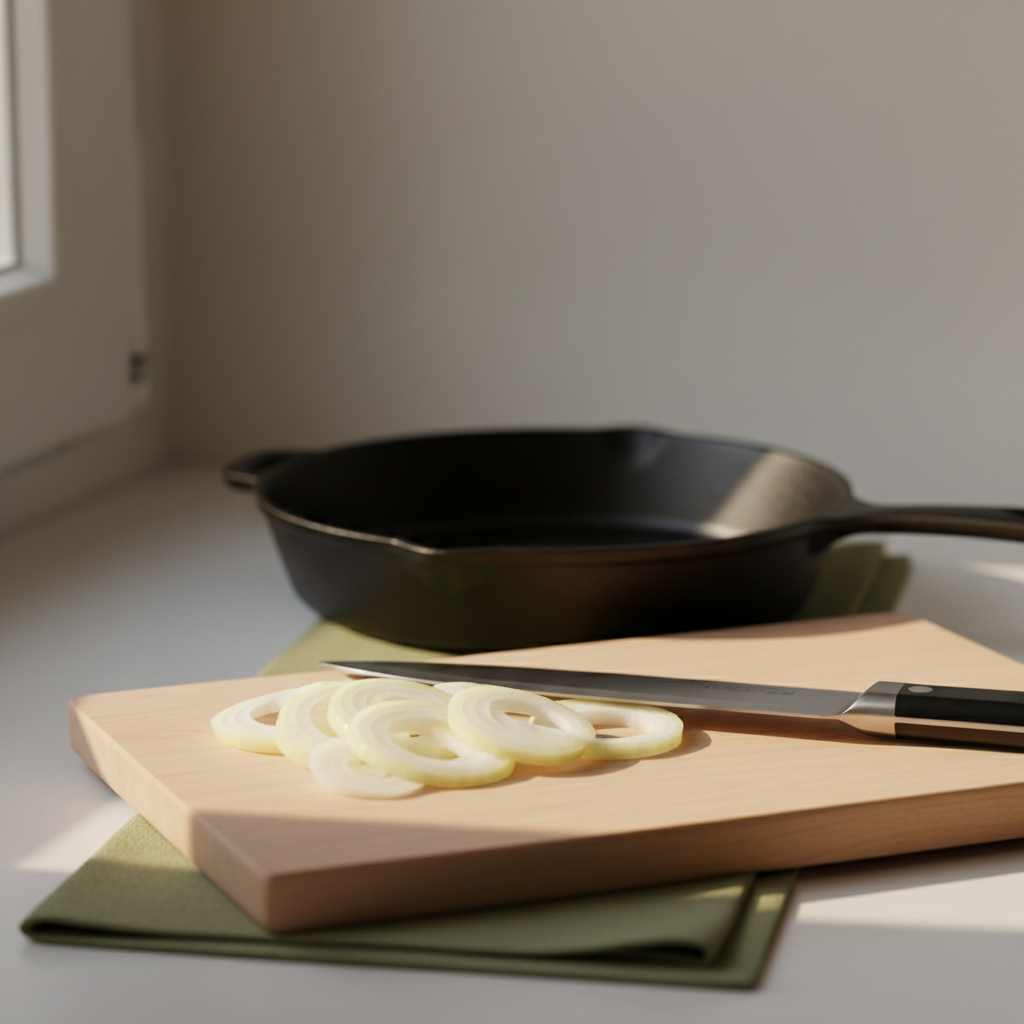 Nahaufnahme eines Holzschneidebretts mit in Scheiben geschnittenen gelben Zwiebeln, scharfes Kochmesser und leicht sichtbare 24cm Pfanne im warmen Licht – Zwiebeln anbraten
