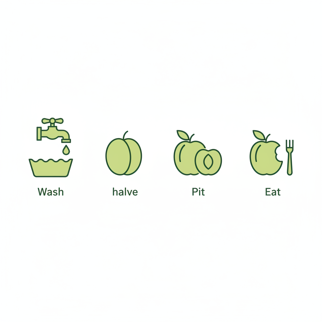 Minimalistische 2D-Vektor-Infografik mit vier Icons (waschen, halbieren, entkernen, rote Pflaume essen) in Schnell Lecker Farben auf Hintergrund #dbdbcf