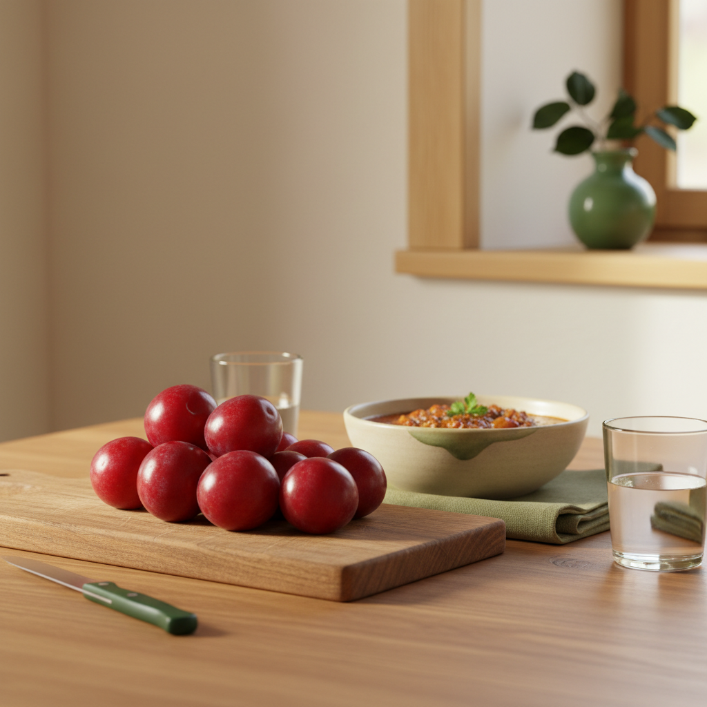 Full-Frame Esstisch mit Holzbrett und Schale voller reifer rote Pflaumen, dezente Markenfarben #dbdbcf und #a5cd8d, warme natürliche Beleuchtung