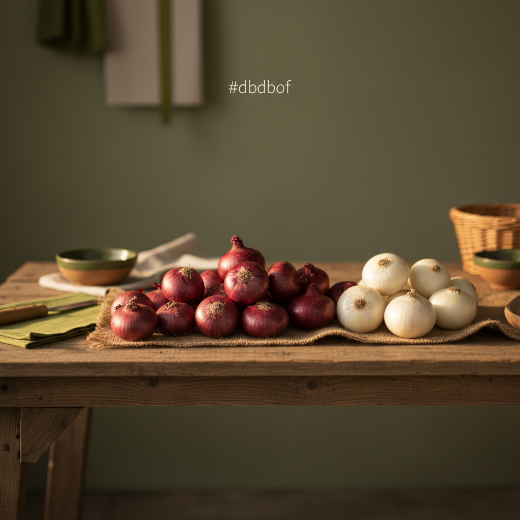 Nahaufnahme: Markttisch mit Stapeln roter Zwiebeln und weißen Zwiebeln, warme Beleuchtung, natürliche Texturen, minimalistischer Hintergrund #dbdbcf und dezente Akzente #a5cd8d.