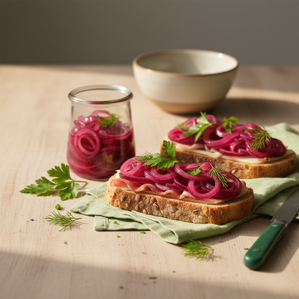 Nahaufnahme eines belegten Sandwichs mit kleinem Glas schnell eingelegter rote Zwiebeln verwenden, frische Kräuter, warmes natürliches Licht auf hellem Hintergrund