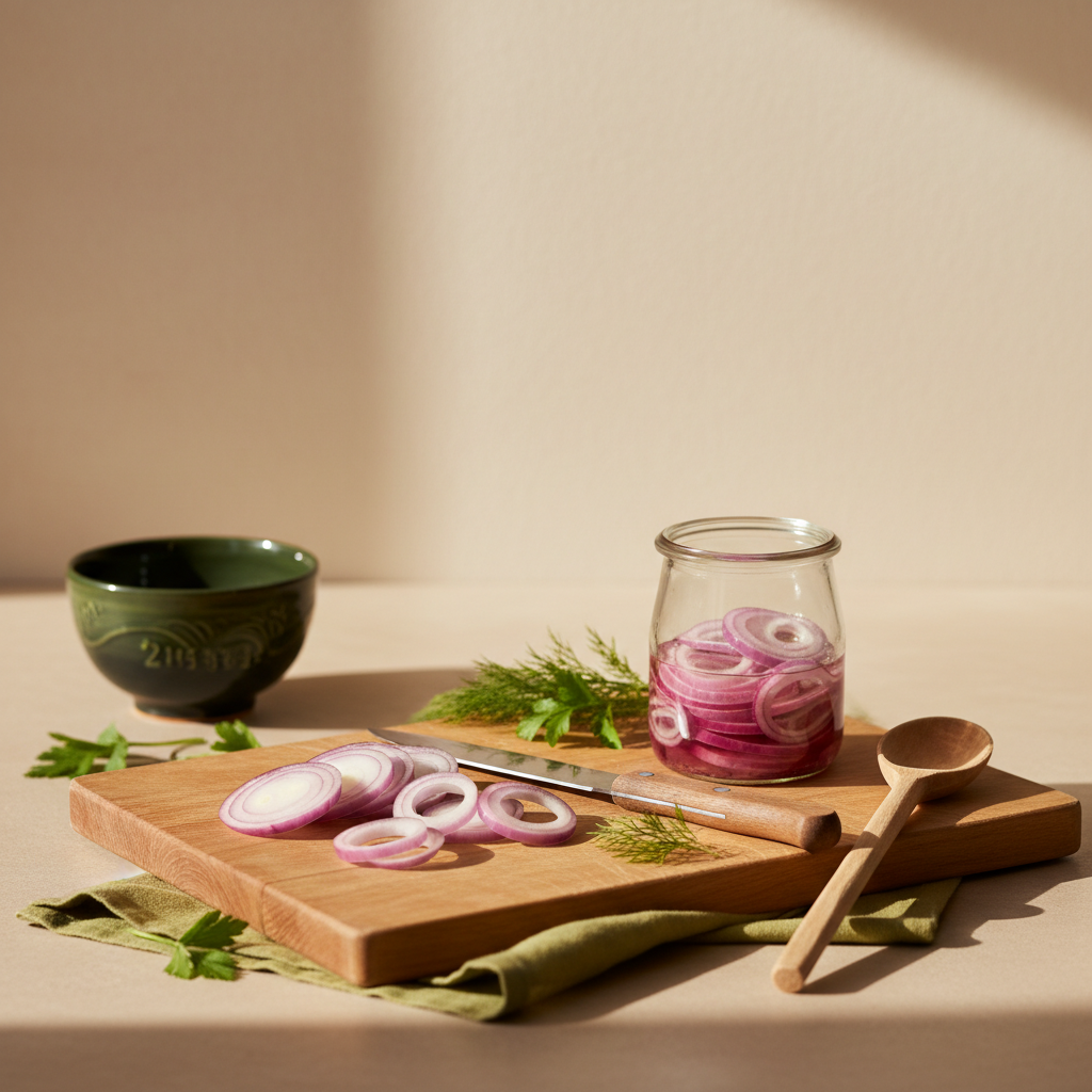 Nahaufnahme eines Holzbretts mit geschnittenen roten Zwiebeln, kleinem Glas Schnell-Eingelegtem und schlichten Küchenwerkzeugen vor warmem #dbdbcf Hintergrund.