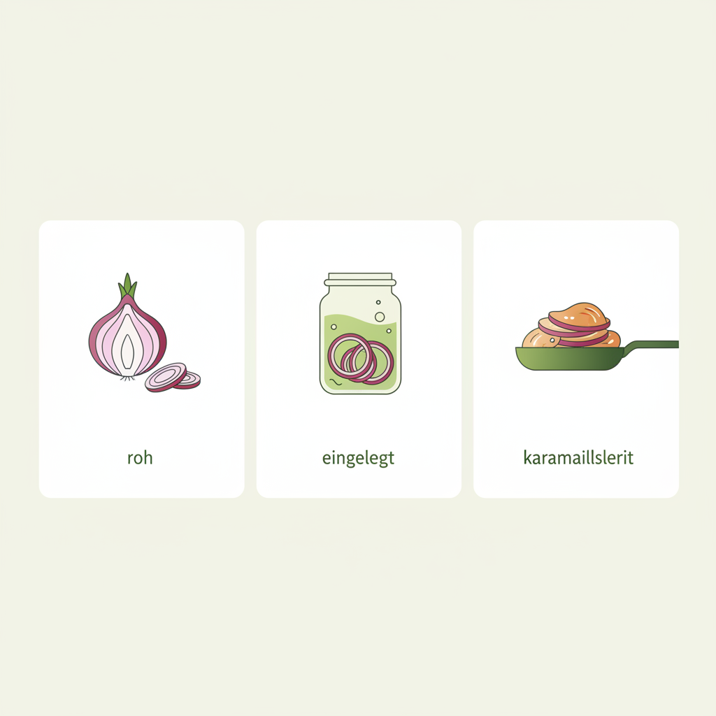 Minimalistische 2D-Vektor-Infografik mit drei Icons: rohe, eingelegte und karamellisierte rote Zwiebeln in Markenfarben von Schnell Lecker