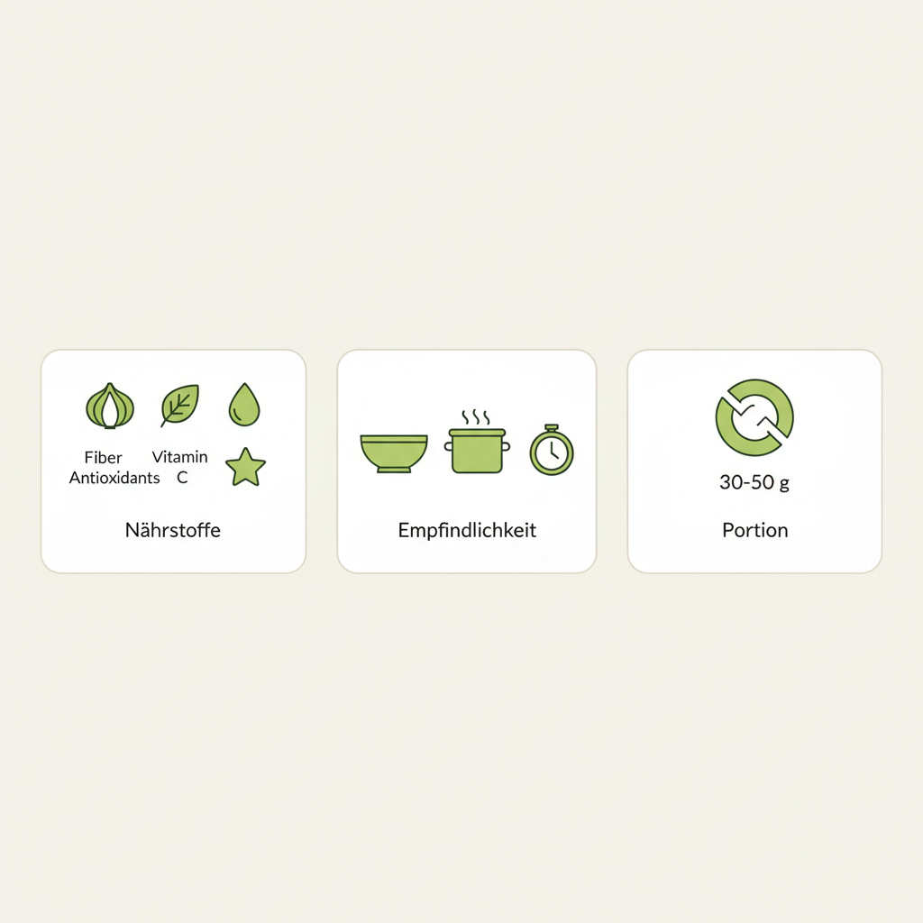 Infografik zu rote Zwiebeln gesund: minimalistische 2D-Vektorillustration mit Nährstoff-Icons, Tipps bei Empfindlichkeit und Portionsvorschlag 30–50 g.