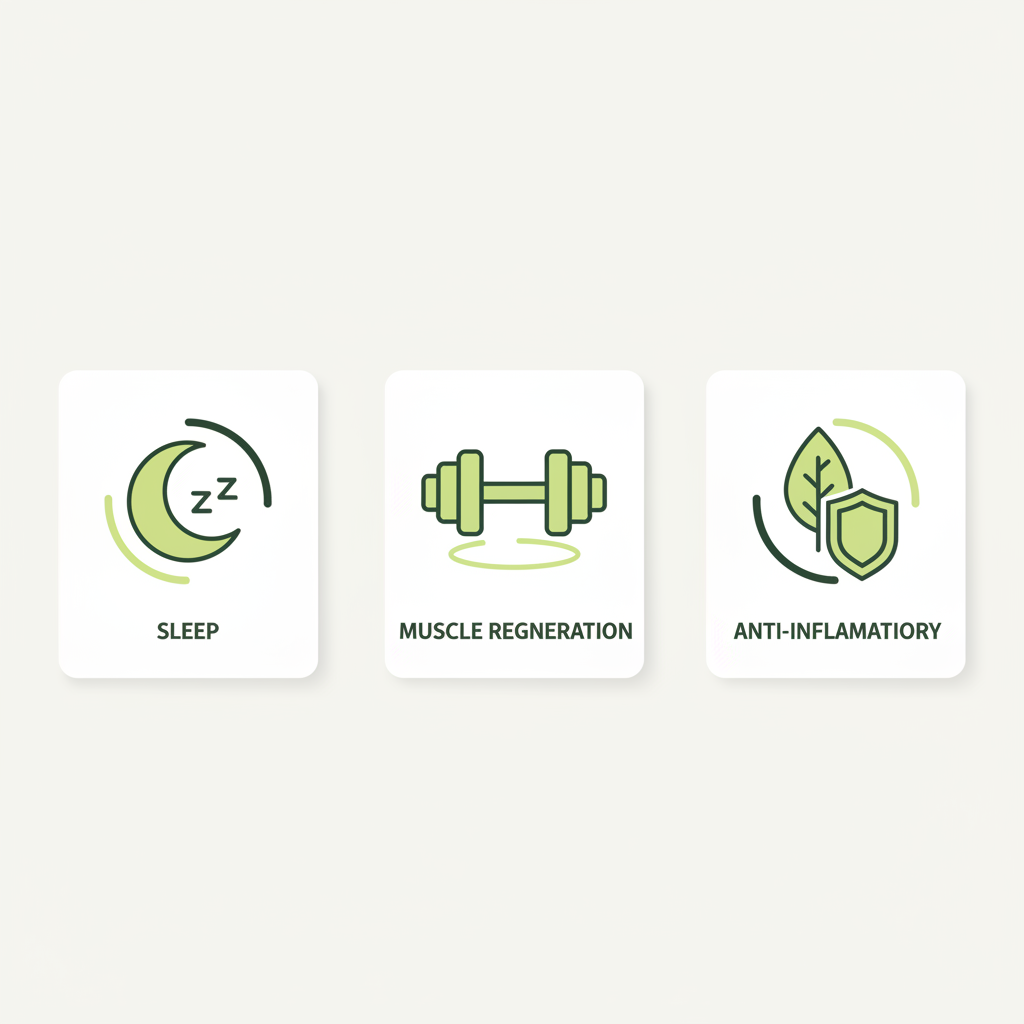 Minimalistische 2D-Vektor-Infografik zu Sauerkirsche mit drei Icons für Schlaf, Muskelregeneration und entzündungshemmende Wirkung in Schnell Lecker Markenfarben.