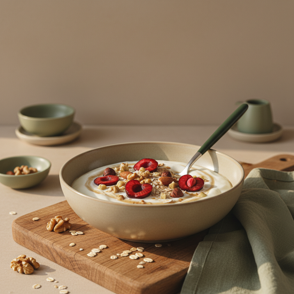 Joghurt-Schale mit Haferflocken, Nüssen und frischer Sauerkirsche auf minimalistischem, warmem Hintergrund #dbdbcf