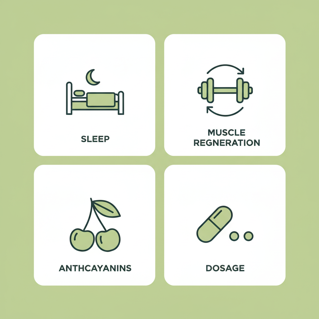 Minimalistische Vektor-Infografik zu Montmorency-Kirsche mit vier Icons: Schlaf (Bett), Muskelregeneration (Hantel mit Pfeil), Anthocyane (Kirschen) und Dosierung (Kapsel), Brand-Farben