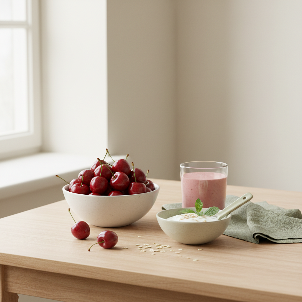 Heimische Küchenszene mit Montmorency-Kirsche in Schale, Smoothieglas und frischen Zutaten auf hellem #dbdbcf Hintergrund mit #a5cd8d Akzenten.