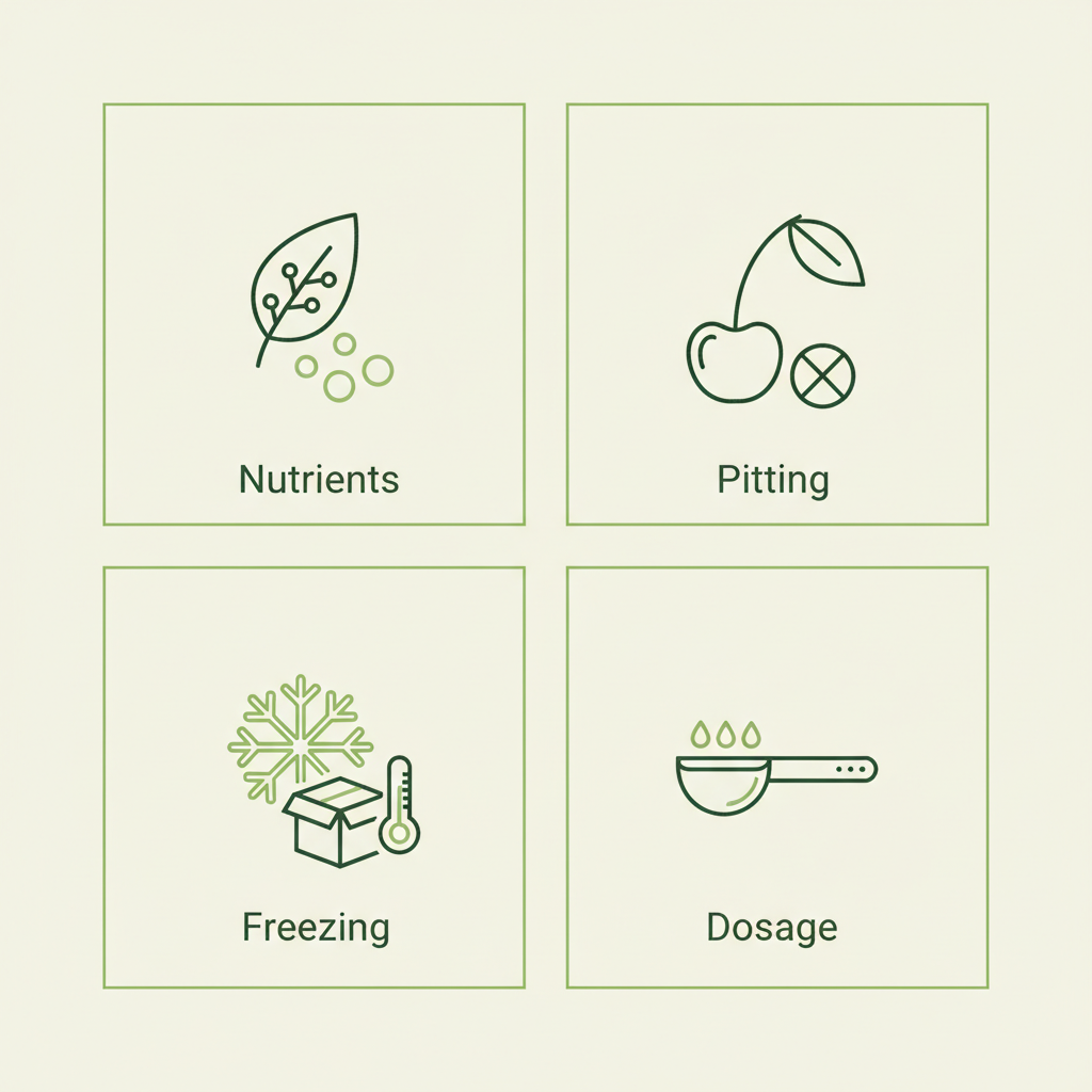 Minimalistische 2D-Vektor-Infografik zu Sauerkirschen roh essen mit vier Icons für Nährstoffe, Entsteinen, Einfrieren und Dosierung in Schnell Lecker Farben.