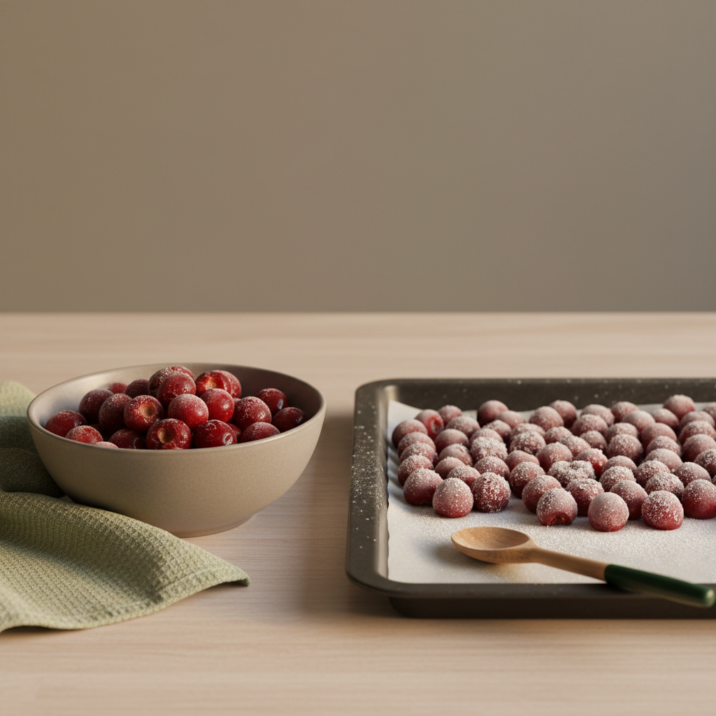 Nahaufnahme einer Schale entsteinter Sauerkirschen neben einem Backblech mit gefrorenen Kirschen in heimischer Küche – Sauerkirschen roh essen, warme minimalistische Komposition